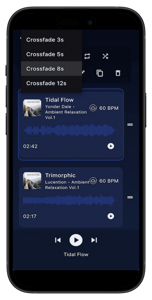 App audiorooms Studio – crossfade entre listas de reproducción