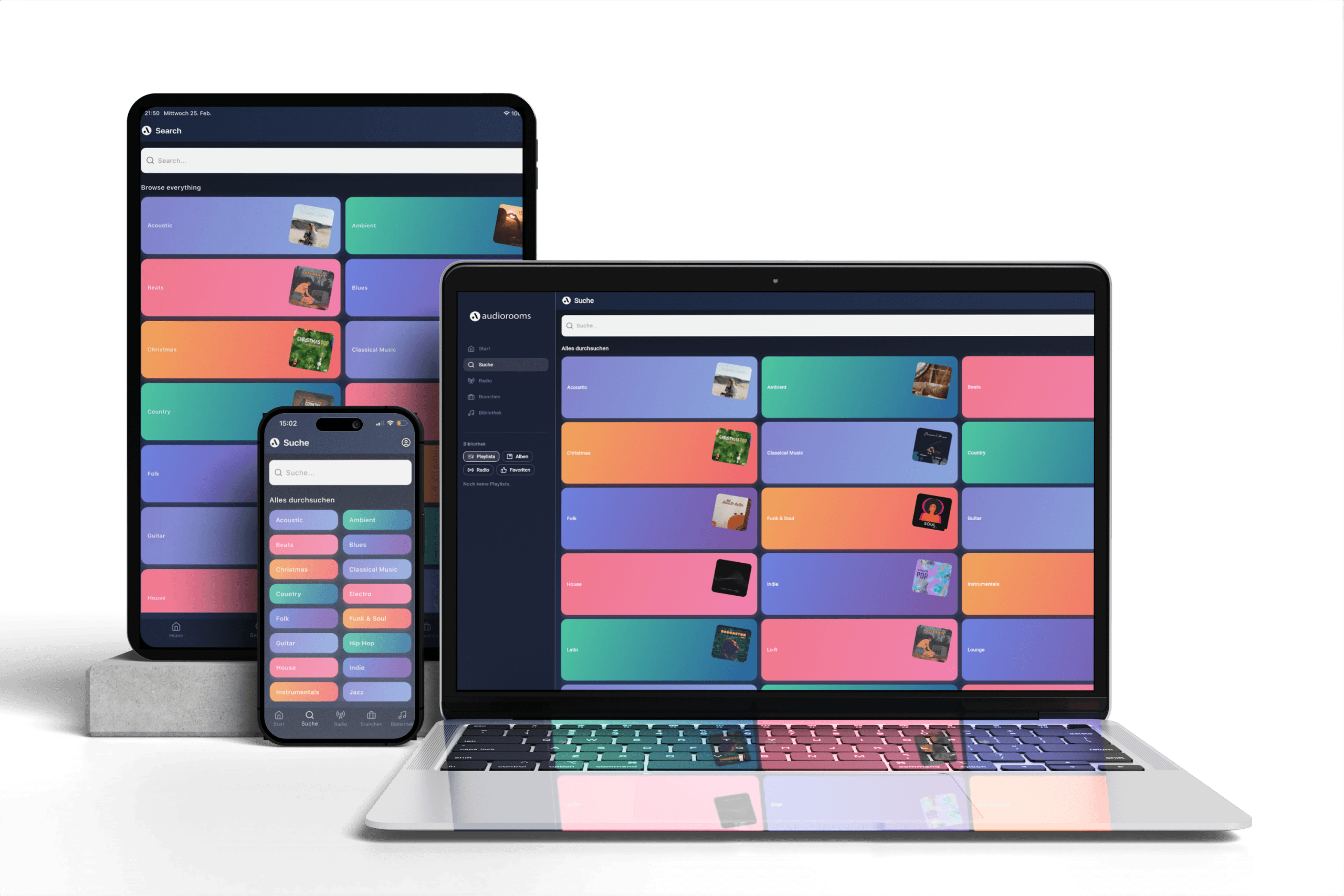 App de audiorooms en portátil, tablet y móvil